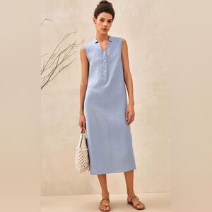 Lintico linen dress Taylor sleeveless pockets midi length blue button placket XL